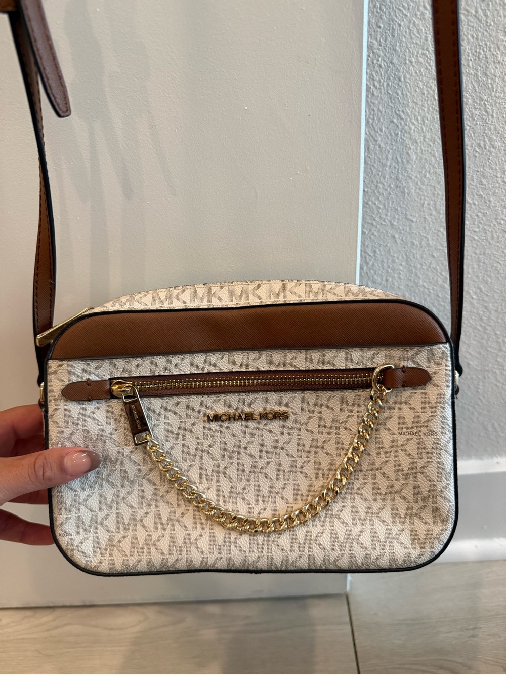 Michael Kors Beige/Acorn Logo Satchel with Gold Chain